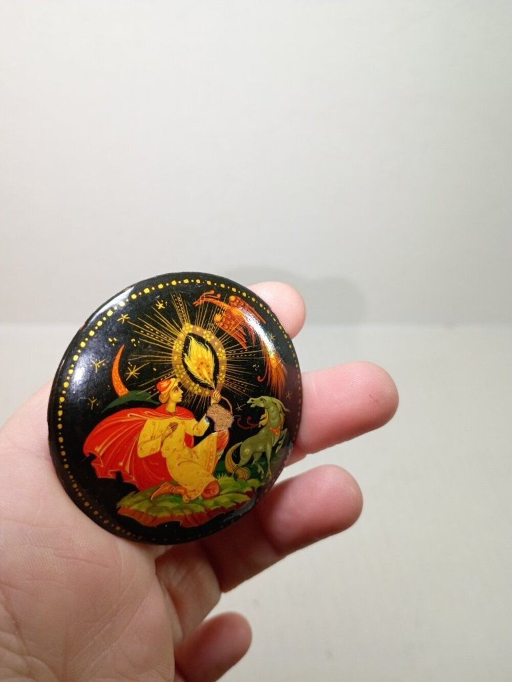 Vintage Russian Lacquer Fairy Tale Man Horse Brooch Pin Fantasy Art To Wear READ